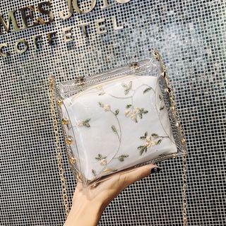 Transparent Chain Strap Crossbody Bag With Flower Embroidered Pouch