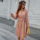 Long-sleeve Tie-waist Plain Button-up Shirt Dress