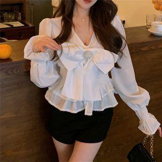 V-neck Bow Cropped Blouse White - One Size