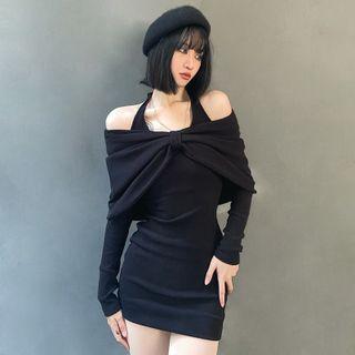 Set: Long-sleeve Cold Shoulder Sheath Dress + Bow Scarf