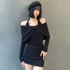 Set: Long-sleeve Cold Shoulder Sheath Dress + Bow Scarf