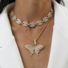 Set: Butterfly Rhinestone Pendant Necklace + Choker