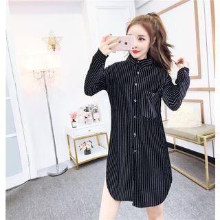 Long-sleeve Midi Striped Shirtdress Black - One Size