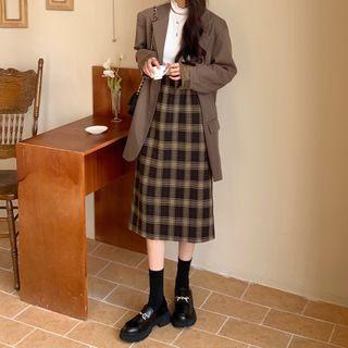 Woolen Plaid A-line Semi Skirt