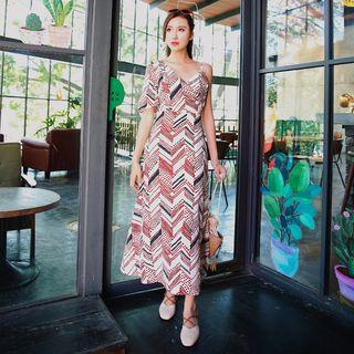 Asymmetric Sleeve Patterned Midi Beach Dress