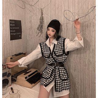 Plain Long-sleeve Shirt Dress / V-neck Houndstooth Sleeveless Cardigan