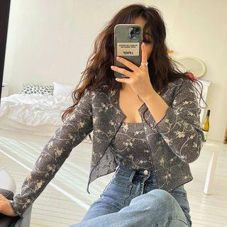 Set: Floral Open-front Cardigan + Sleeveless Top