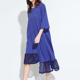Plain Mesh Hem 3/4 Sleeve T-shirt Dress
