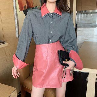 Contrast Trim Shirt / Faux Leather Mini A-line Skirt