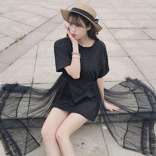 Short-sleeve Tulle Panel T-shirt Dress