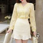 Pleated-waist Lace Blouse