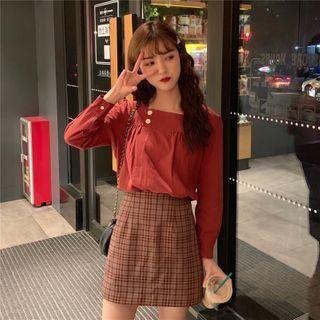 Square-neck Puff-sleeve Shirt + Plaid Mini Skirt