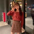 Square-neck Puff-sleeve Shirt + Plaid Mini Skirt