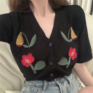 Flower-embroidered Summer-knit Top