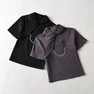 Short-sleeve Beaded Cut-out T-shirt
