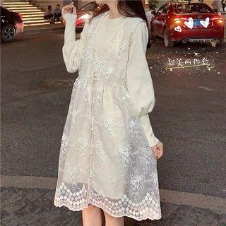 Plain V-neck Lace Loose-fit High-waist Sleeveless Dress / Plain Crewneck Loose-fit Long-sleeve Dress