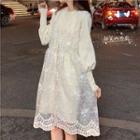 Plain V-neck Lace Loose-fit High-waist Sleeveless Dress / Plain Crewneck Loose-fit Long-sleeve Dress