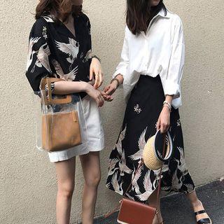 Long-sleeve Crane Print Blouse / Midi A-line Crane Print Skirt