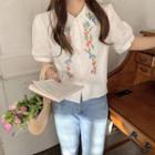 Puff-sleeve Floral Embroidered Shirt White - One Size