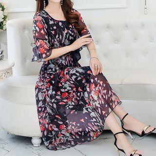Elbow-sleeve Floral Midi Chiffon Dress