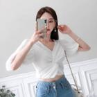 Puff-sleeve Twist-front Cropped Top