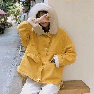 Furry-trim Buttoned Hooded Jacket