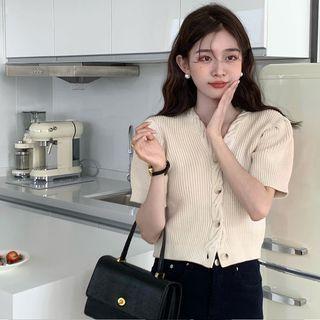 Short-sleeve Cropped Cardigan Beige - One Size