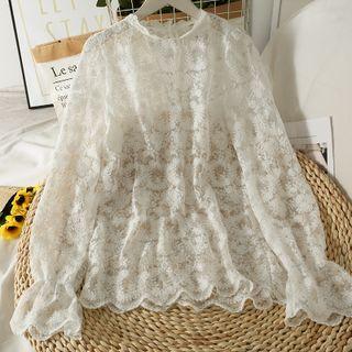 Embroidered Bell-sleeve Sheer Lace Top