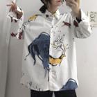 Deer Print Long Shirt White - One Size