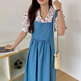 Short-sleeve Floral Print Blouse / Overall Dress