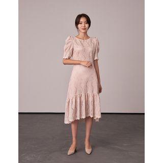 Puff-sleeve Frill-hem Midi Lace Dress