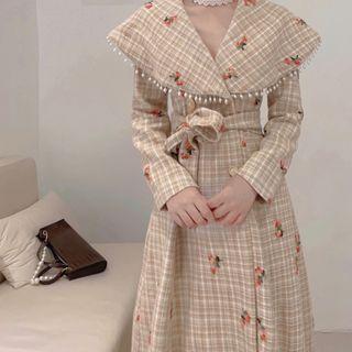 Embroidered Tweed Sashed Coat
