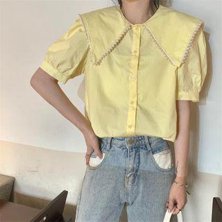 Short-sleeve Beaded-collar Plain Blouse