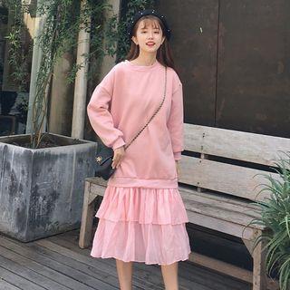 Mock Two-piece Mesh Panel Midi Tiered Pullover Dress
