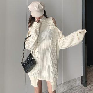 Cutout Shoulder Long-sleeve Chunky Knit Dress