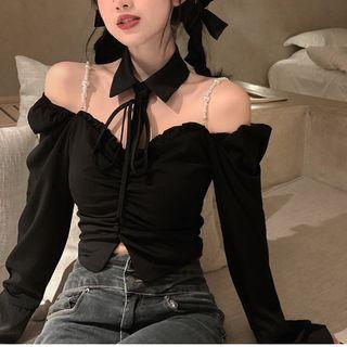 Long-sleeve Cold Shoulder Faux Pearl Crop Top