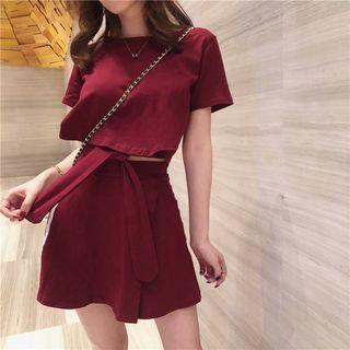 Set: Short Sleeve Lace-up Cropped Top + Mini A-line Skirt