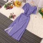 Short-sleeve Houndstooth Maxi A-line Dress