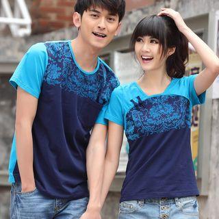Couple Matching Printed Panel Short Sleeve T-shirt