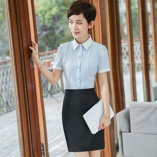 Set: Pintuck Front Shirt + Pencil Skirt
