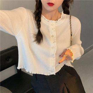 Round-neck Plain Ruffle Button-up Knit Cropped Top