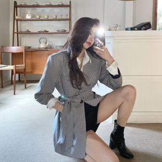Lapelless Checked / Plain Blazer With Sash