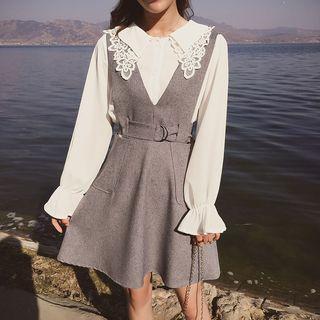 Set: Lace Trim Blouse + Suspender A-line Skirt