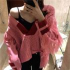 Fringed Trim Cable Knit Sweater Rose Pink - One Size