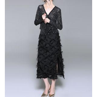 Set: Long-sleeve Star Print Top + A-line Fringe Skirt