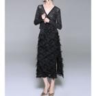 Set: Long-sleeve Star Print Top + A-line Fringe Skirt