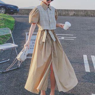 Puff-sleeve Collared Slit Maxi A-line Dress