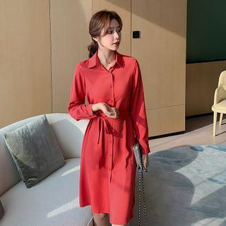 Plain Long-sleeve Tie-waist Midi A-line Shirtdress