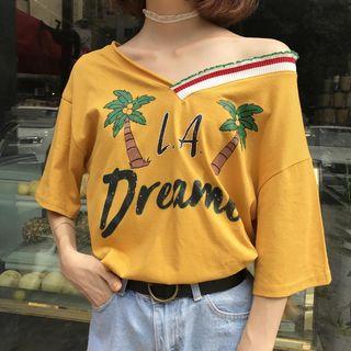 Print V-neck Elbow-sleeve T-shirt