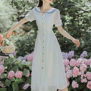 Short-sleeve Frill Trim Sailor Collar Midi A-line Dress